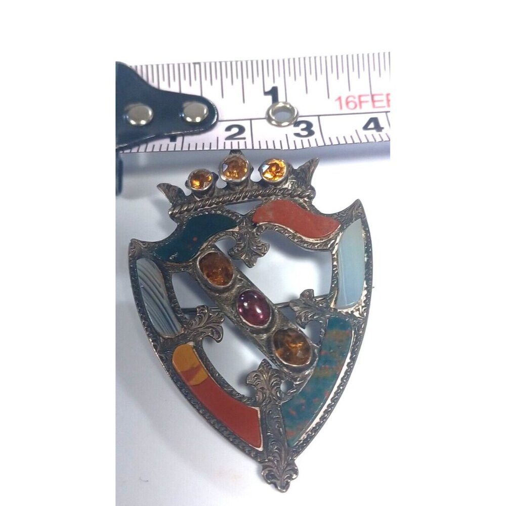 Victorian Sterling Silver Scottish Crest With Crown Agate Brooch Pin Circa 1890 - Picture 10 of 10